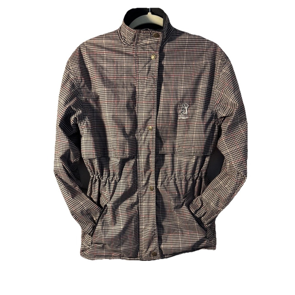 PGA Tour Jacket Mens Large Houndstooth Plaid Windbreaker Tan Black White Golf